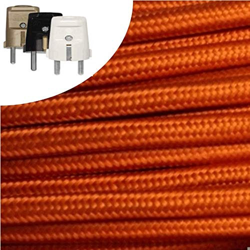 Textilkabel, Stoffkabel, Verlängerung 10 METER Farbe Orange 3 adrig 3 x 0,75 mm² rund wahlweise mit Schukostecker (10 mtr. Schukostecker Standard gold)