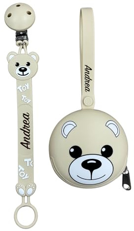 Silikonband, personalisierbar mit Namen, Bär, Babyjart, waschbar, sicher für das Kind, kompatibel mit Schnuller MAM und Chicco italienisches Unternehmen, hergestellt in Italien, Bär, Beige