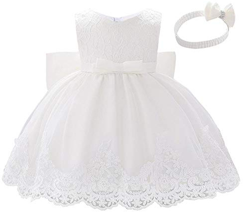 Lito Angels Abito in Pizzo Neonata con Fascia | Corpetto in pizzo ricamato, gonna a 3 strati in tulle e raso, cintura con fiocco, fascia per capelli, compleanno e cerimonia