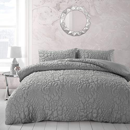 Intimates Quilted Thermal Floral All over Embossed Pinsonic Duvet Cover with Pillowcase Bedding Set (Silver Grey, Double Bed)
