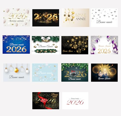 Cartes de vœux 2026 Bonne Année en français – Lot de 14 cartes avec enveloppes – Papier brillant 230g – Format 10x15 cm – Version simple ou double