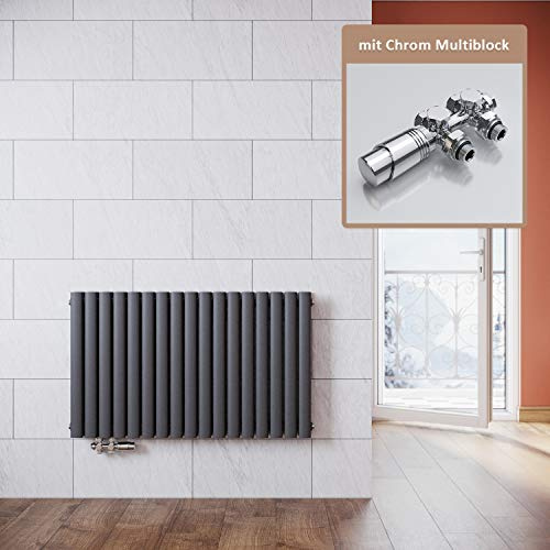 ELEGANT Radiatore moderno antracite 600 x 1003 mm con termostato cromato multiblocco, design radiatore orizzontale a doppio strato, collegamento centrale