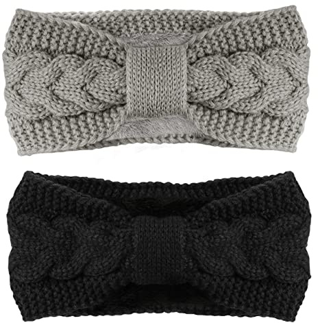 Telgoner Stirnband Damen Winter, 2 Pcs Stirnbänder Strick, Haarband Ohrenwärmer Elastische, Haarbänder Verdicken Headwrap Kopfband für Damen/Frauen/Mädchen(Dunkelgrau + Hellgrau)