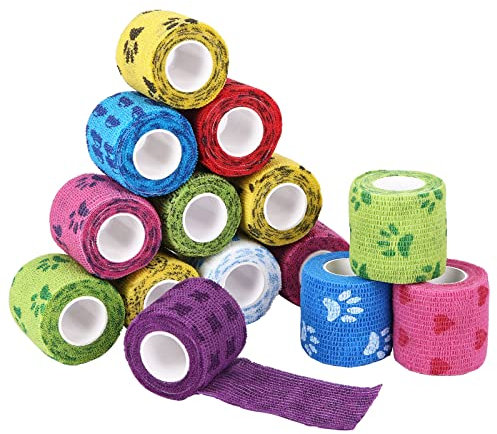 UNIDEAL 14 Rollen Selbstklebende Bandage für Haustiere, Multifunktion Haftbandage, 12 Muster, Bequem und Atmungsaktiv, Elastische Fixierbinde für Haustierpflege und Sportschutz (5cm * 4,5m)