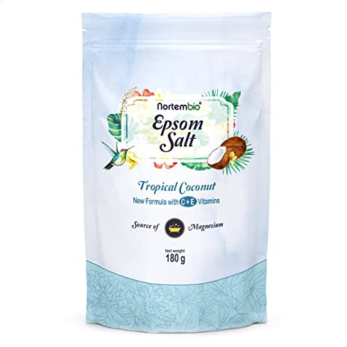 Nortembio Sali di Epsom 100% Fragranza Cocco Tropicale 180 g – Fonte Naturale di Magnesio | Con Vitamina C ed E Idratante | Per Bagni Rilassanti, Spa e Cura della Pelle + E-Book Gratuito