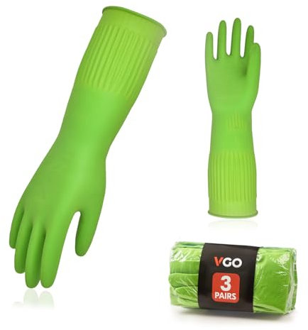Vgo... 3Paires gants de nettoyage ménagers, gants lave - vaisselle en caoutchouc, extra épais, manches longues (RB2143,Vert,9/L,3Paires)