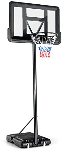 COSTWAY 10FT Basketball Backboard Hoop Net Set, 1.35M-3.05M Height Adjustable Basketball Stand with Wheels, for Kids, Junior and Adults (White+Blue+Red Net)