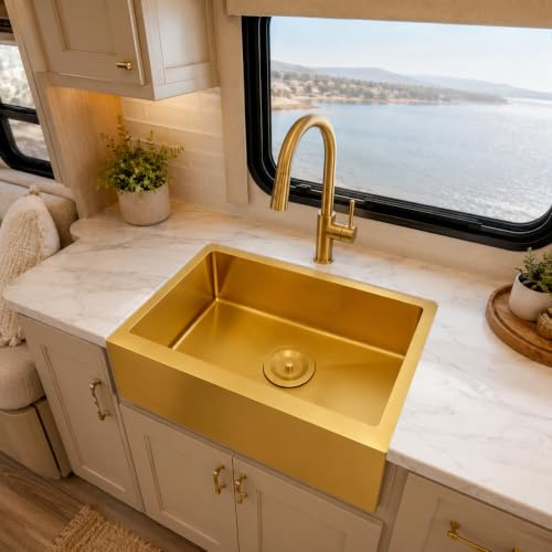 MILOSEN Undermount Gold RV Kitchen Sink, Stainless Steel Farmhouse Apronfront Kitchen Sink, Small Single Bowl Apron Sink, 23×16 inch Kitchen RV Sink, 7 inch Depth Kitchen RV Sinks, WB2316