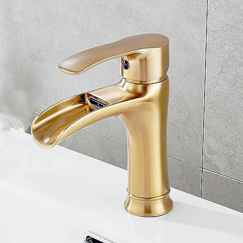 Waterfall Basin Mixer Tap, Brushed Gold Brass Bathroom Sink Taps, Single Lever Single Hole Lavatory Mixer Tap Faucet SHUNLI