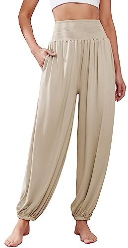 Famulily Harem Pantaloni da donna a vita alta, per yoga, allenamento, elasticizzati, taglie S-XXL, cachi, S
