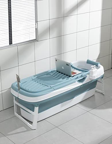 Foldable Adult Bathtub, Portable Bathtub Adult, Folding Bathtub 158X62X52cm Large with Lid and Soap Box (158cm Blue)