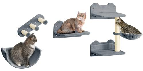 PawHut Arbre à Chat Parcours Mural Complet 4 pièces griffoir hamac Plateforme sisal Peluche Gris