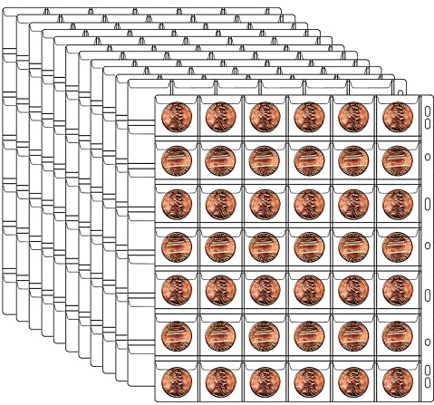 10 Sheets Coin Collection Pages, Coins Pocket Page with 420 Pockets, Coin Binder Inserts Sleeves with Standard 9 Hole for Coin Album. Storage Holder for Currency, Stamp and Other Supplies (42-Pocket)