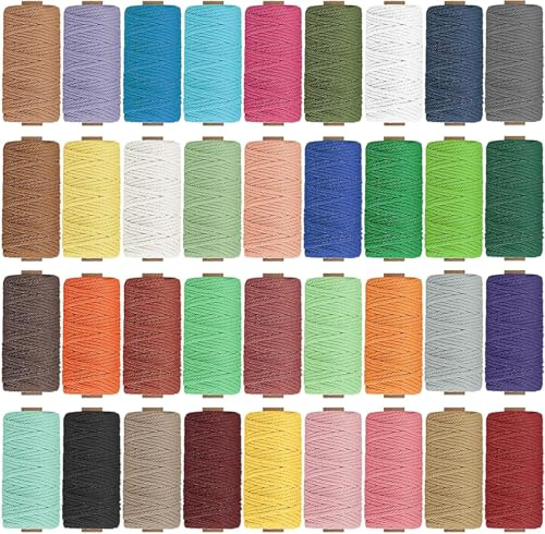 36 Rolls Colored Macrame Cord 3 mm x 1152 Yards, Natural Cotton Macrame Rope, 4 Strands Twisted Macrame Cotton Cord for DIY Crafts, Wall Hanging, Plant Hangers, Crafts, Knitting
