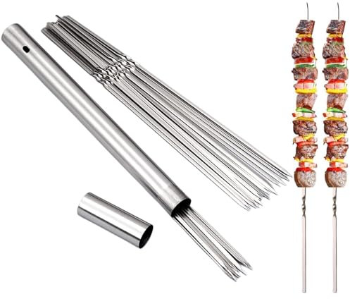 WILLBBQ 304 Stainless Steel 14.8 Long Flat Barbecue Skewers,20PCS/40PCS BBQ Kebab Skewers with Portable Metal Storage Tube,Reusable for Grilling Barbecue Kitchen Party and Outdoor Cooking (20PCS)