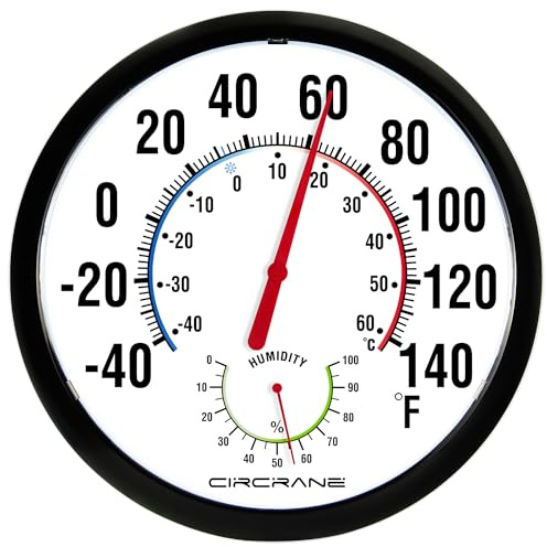 Circrane 13.25 Inch Round Indoor/Outdoor Thermometer with Hygrometer, Large Dial with Bold Numbers, No Battery Required, Black