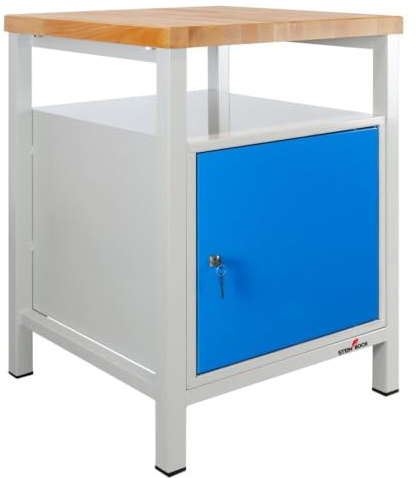Steinbock Werkbank 1 Tür + Boden | 60x84x60 cm | 300 kg | Blau | 300 kg Tragkraft | 4 cm geölte Massivholz-Arbeitsplatte aus Buche | stabiles Stahlgestell | Werktisch | Made in EU