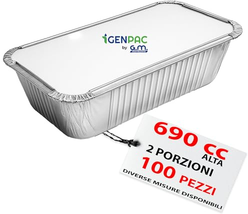 GM – 100 Contenitori Alluminio 2 Porzioni Alta 690 cc con 100 Coperchi Alluminizzati, Vaschette per Alimenti Ideali per Forno, Congelamento, Gastronomia e Asporto Professionale