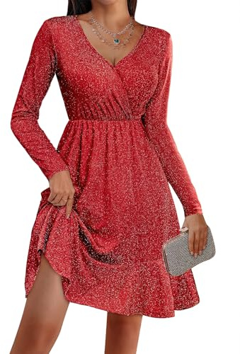 Zeagoo Kleid Damen Elegant Glitzerkleid V-Ausschnitt Partykleid Langarm Minikleid Festliche Paillettenkleid Cocktailkleid mit Rüschen