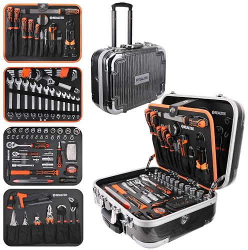 REALTEK 123pcs Tool Kit, Mechanic Tool Set, Portable Tool Kits for Home with Aluminum Trolley Case, Tool Box with Tools Included, Hand Tool Set Toolkit Household Repair and Diy for Men, CR-V Material