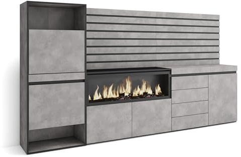 Skraut Home | Schuhregal, Schuhschrank | Schuhaufbewahrung | 274x145x35 cm | Für Schlafzimmer, Zimmer | Elektrokamin XXL | Kommode mit Schubladen | Lamellenwand Holz | Moderner Stil | Zement