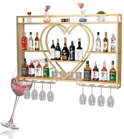 WXZXWXZX Weinregal Wand Metall mit Weinglashalter Flaschenregal Schmal Wine Rack Weinschrank Barschrank Weinständer Getränke Regal für Bartheke Wohnzimmer Küche Esszimmer(Gold,120 * 80 * 15)