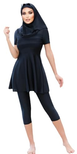 Ny sommar Burkini Femmes muslimska 3 st badkläder svart enfärgade kortärmad capribyxor solskydd strandkläder med hijab, Svart, S
