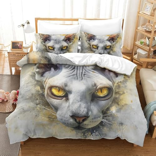Lorolivier Hairless Cat Set Di Biancheria Da Letto Stampato in 3D Con Federa, Fodera Per Piumino Da Con Chiusura A Cerniera, Microfibra Morbida Adatto A Bambini Adulti Super King（260x220cm）