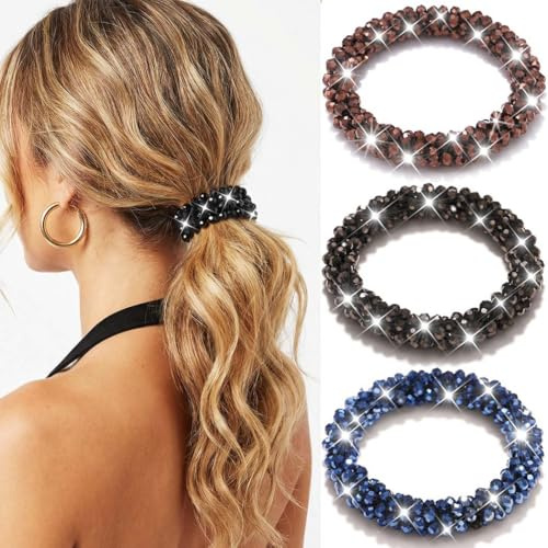 Reaky Haargummis mit Strasssteinen, elastischer Pferdeschwanzhalter, glitzernde Kristall-Haarbänder, braune Haargummis mit Perlen, 3 Stück, dehnbare Haar-Accessoires für Damen (Schwarz)