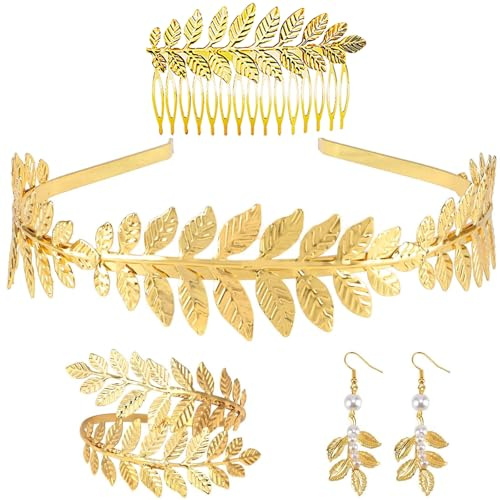 DINGFENG 4 Griechische Göttin Kostüm Schmuck Set Gold Hochzeit Braut | Oberarmreif Ohrringe Lorbeerkranz Haarspange Armband Boho Blatt Krone
