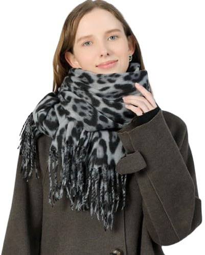LAOYEFACAI Sciarpa Invernale Da Donna Sciarpa leopardata Stola da donna Sciarpe e scialli caldi Per Regali Da Donna Per donna sciarpa grande leggera con frange Corte (Grigio)