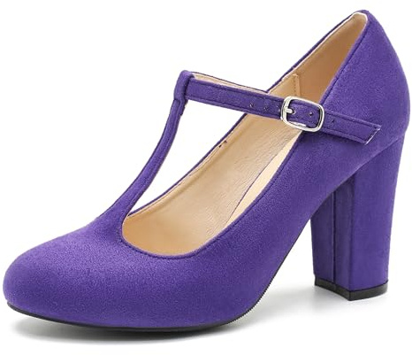 Damen T-Strap Mary Jane Pumps High Block Chunky Heel Hochzeitskleid Schuhe, Wildleder Lila, 43 EU