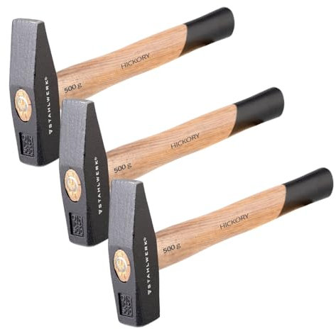 Lot de 3 marteaux de serrurier de 500 g avec tête robuste en acier forgé. Poids bien équilibré, poignée ergonomique en bois de hickory très résistant, incassable et durable