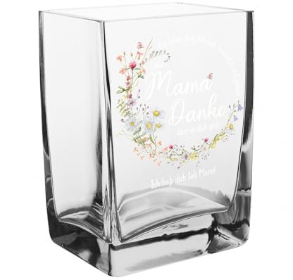 Herz & Heim® Personalisierte Glasvase mit Blumendesign – Geschenk zum Muttertag oder als Dankeschön – Vase aus Glas für Mama mit Wunschtext