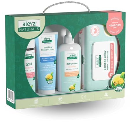 Aleva Naturals Newborn Baby Set – 100% natürliche Pflege für die empfindliche Haut Ihres Babys, hypoallergen, ohne Parabene & Sulfate, enthält Shampoo, Lotion, Windelcreme & Feuchttücher