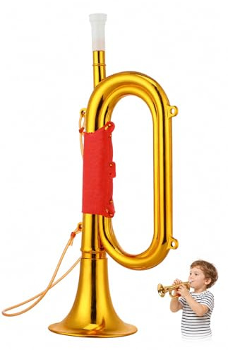 Kids Toy Trumpet Plastic Bugle Horn Loud Single Tone Stadium Noisemaker Metallic Gold Stage Performance Prop for School Sports Day Party