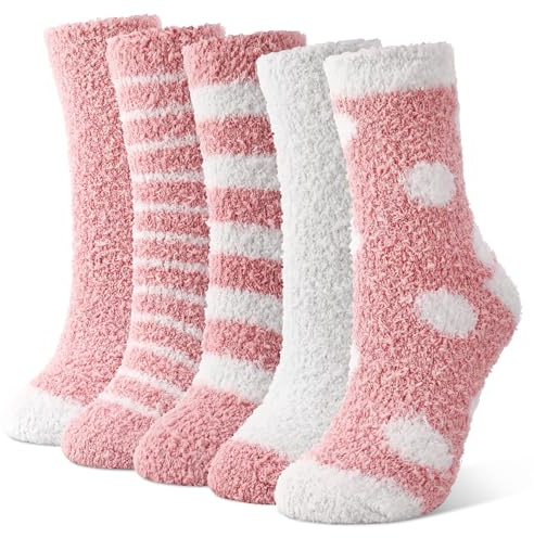 Zuimei 5 Pairs Pink Fluffy Socks for Women, Warm Thicken Soft Cozy Bed Socks, Cute Fuzzy Winter Socks for Girls Womens Gifts