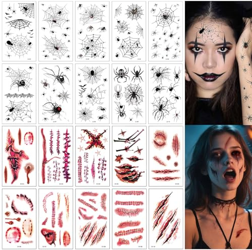 Halloween Tattoo Gesicht, 20 Blätter Temporäre Narben & Spinnen Tattoos, Halloween Schminke Erwachsene für Arme, Schultern, Gesicht und Andere Teile Ihres Körpers Geklebt Werden