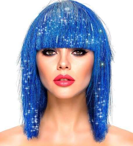 Metallic Damen Perücke Foxy Bob Pagenkopf mit Pony 70er 80er Disco Space-Girl Lametta Science Fiction Weltall Engel, Farbe:Blau