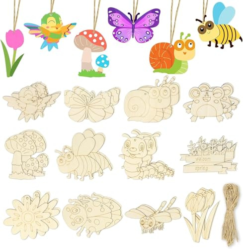 InteDesign 36 PCS DIY Wooden Crafts Kits for Kids,12 Styles Wooden Ornaments for DIY Crafts Home Garden Decoration Party Bag Fillers Birthday Gifts Classroom Rewards (Insect)