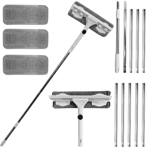 Teleskop Fensterwischer 415cm, Langer Fensterputzer mit Teleskopstange, 2-in-1 Fensterreinigung Verlängerungsstange, 26cm Gummiwischer und Mikrofasertuch für Hohe Fenster im Innen- und Außenbereich