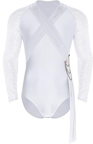 ranrann Mens Gymnastics Leotard for Ballet Jazz Contemporary Dance & Ballroom Sheer Fitted Latin Bodysuit Costume White Small