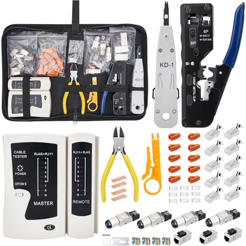 Kit de Crimpadora RJ45 Profesional 9 en 1 para Cat7 Cat6 Cat5, Herramienta de Red Multifunción con Tester de Cable LAN, Conectores Pass Through y Pelacables para Mantenimiento de Internet