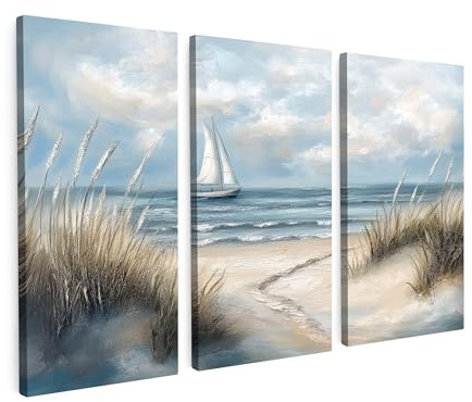 MuchoWow© Leinwand 3 Teilig Deko Schlafzimmer Aesthetic Mehrteilige | 60x40 cm - Wandbilder Gemälde Foto Living Room Decoration Wandbild-set Strand - Farbe - Natur - Boot