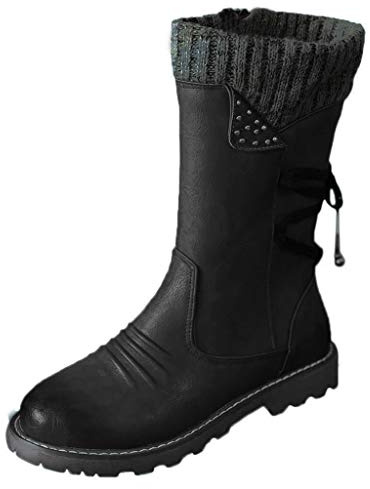 Botas de invierno para mujer, impermeables, de media pantorrilla, tacón grueso, sin cordones, puntera redonda, con tacón bajo, elegantes, vintage, de cuero, para motociclista, equitación, combate