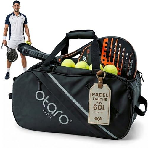 Otaro Borsa Padel 60L | Zaino con porta scarpe, vano termico e laptop | Custodia racchetta padel per 2 racchette, vestiti e accessori | Sistema di trasporto 4 in 1 | Borsa padel uomo e donna (Nero)