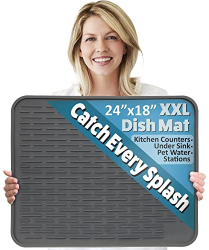 XXL Silicone Dish Drying Mat for Kitchen Counter or Under Sink, 24 x 18 Extra Large, Waterproof Pet Feeding Mat, Water Bowls, Under Drying Racks for Dishes, Coffee Bars, Bar Mats (Slate Grey)