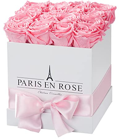PARIS EN ROSE Rosenbox ECKIG | mit 12 rosa Infinity Rosen Größe XL | eckige, weiße Box mit Schleife | ewige Rose | 3 Jahre haltbar | Grußkarte