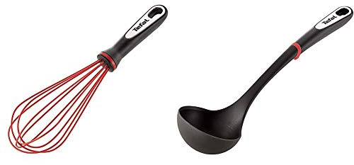 Tefal K2071714 Ingenio Fouet en Silicone Anti-Rayure ustensile de Cuisine Noir et Rouge résistant sans bisphénol A avec Insert Silicone & K2060114 Ingenio Louche ustensile de Cuisine Noir résistant