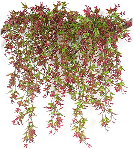PASYOU Artificial Vine, Hanging Ivy Sweet Potato Leaves Plastic Plants Foliage Vines, UV Resistant Greenery Fake Flowers for Indoor Outdoor Garden Door Wall Wedding Party Table Decoration Red 4 Pack